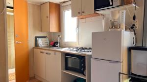 a small kitchen with a refrigerator and a microwave at Les 3oliviers in Santa-Maria-Siché