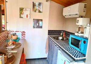 a kitchen with a sink and a microwave at Cabane romantique climatisée avec piscine en pleine nature in Montignac