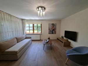 a living room with a couch and a television at IVY Traditional House in Amigdhaleón +16 photos