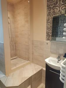 a bathroom with a shower and a sink at Hostel Tet6 in Gdynia