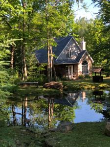a house reflected in a pond in the woods at Natur'Eau Chalets & Spa in Mandeville