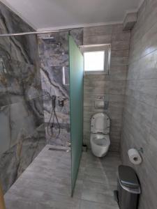 a bathroom with a toilet and a shower with a window at Harmony Sunset in Skala Sotiros