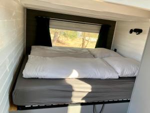 a bed in a tiny house with a window at Fuchs und Igel Tiny House - Tiny House Fuchs in Möllensee