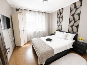 a bedroom with a large bed and a television at Casa Stefi in Copăceni