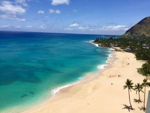 an aerial view of a beach with palm trees and the ocean at Oceanfront Corner Unit , Hawaiian Princess in Waianae