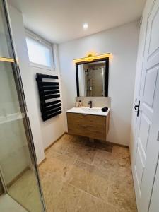 a bathroom with a sink and a mirror at Le Comptoir du Relais in Beine +15 photos