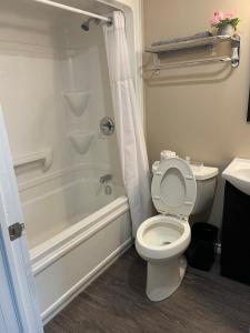 a bathroom with a toilet and a tub and a sink at Timber Wolf Inn Motel in Nipigon
