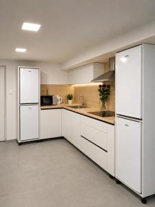 a kitchen with white cabinets and a white refrigerator at Guest House Kosec in Kutina