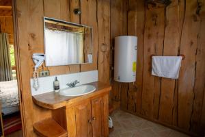 a bathroom with a sink and a mirror at Patagonia Mawida in Neltume