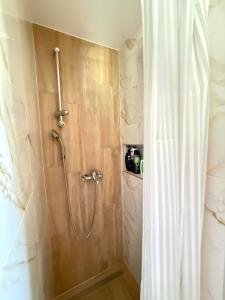 a shower with a shower curtain in a bathroom at Stara pruga Jaz 2 in Višegrad +26 photos