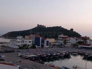 a town with a marina with a castle on a hill at Marina tabarka in Tabarka