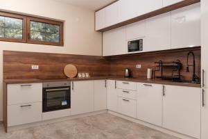 a kitchen with white cabinets and a wooden wall at Villa Royalstone in Donja Ralja