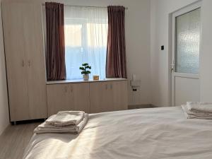 a bedroom with a large bed with a window at Casa Alba - Tasnad in Tăşnad