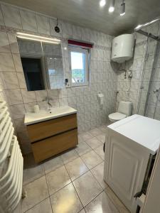 a bathroom with a sink and a toilet and a mirror at Sielankowo in Rożnów +13 photos