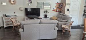 a living room with two couches and a flat screen tv at La maison dans les vignes in Châteauneuf-sur-Charente