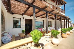 a patio of a house with plants in pots at Pallas Pension in Elafonisos +9 photos