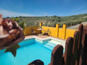 a swimming pool with a table and chairs on a balcony at Villa in Andalusia with Private Pool in Fuentes de Cesna +14 photos