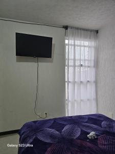 a bedroom with a bed and a flat screen tv at La comodidad a tu alcance in Bata