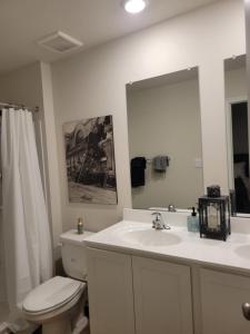 a bathroom with a toilet and a sink and a mirror at Milford House in Milford +15 photos