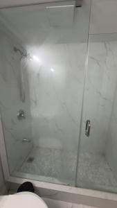 a shower with a glass door in a bathroom at Beautiful lake view Basment room in Brampton +10 photos