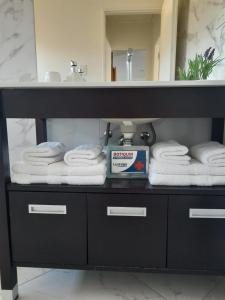a bathroom with a counter with towels and a mirror at Ventanas de la Patagonia in Esquel +26 photos