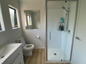 a bathroom with a toilet and a glass shower at Mangōnui Harbour Haven in Mangonui