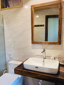 a bathroom with a sink and a mirror and a toilet at Mimoza homestay cầu đất in Xuân Trường