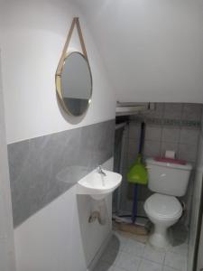 a bathroom with a sink and a toilet and a mirror at El mejor descanso lll in Plottier