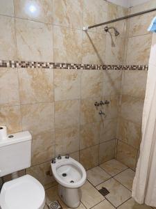 a bathroom with a toilet and a shower at Runa Huasi in Tinogasta
