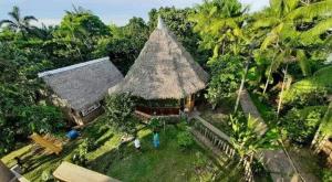 an aerial view of a house with a straw roof at Indiana Lodge in Santa Clara