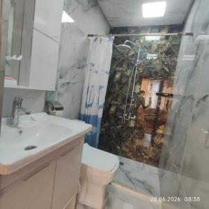 a bathroom with a shower and a toilet and a sink at Moy dom Ganja in Bagbanlar +76 photos