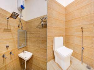two pictures of a bathroom with a toilet and a sink at Hotel Pilgrrim in Varanasi