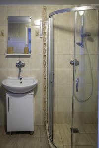 a bathroom with a sink and a shower at Riverside Forest Prestige in Chlʼaba +12 photos