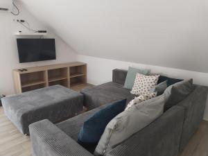 a living room with a couch and a tv at Dömper Döme Apartman in Balatonlelle