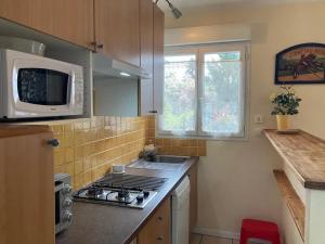 a kitchen with a stove and a microwave at Tucaut in Toulouse