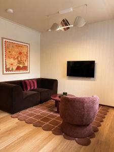a living room with a couch and a table and a tv at The Bron Apartment - newly renovated, designer stay in Yarralumla