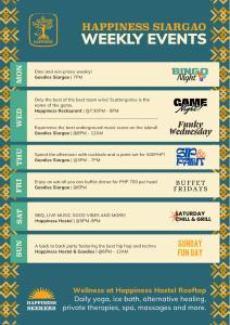 a flyer for the happiness stanza weekly events at Happiness Beach Resort Siargao in General Luna