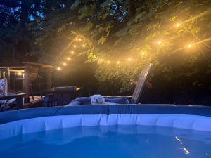 a white dog laying on a blanket next to a swimming pool at Evergreen Escape in Brush Prairie