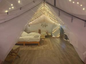 a bedroom with a bed in a tent with lights at Evergreen Escape in Brush Prairie +12 photos