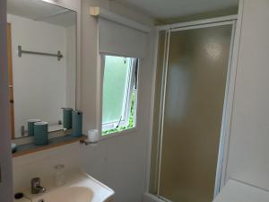 a bathroom with a shower and a sink and a mirror at Thery location 17 in Saint-Pierre-dʼOléron