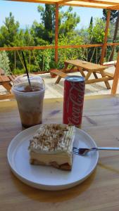 a piece of cake on a plate with a can of coke at Gregory Studios in Kokkari