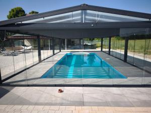 ein Swimmingpool in einem Glashaus in der Unterkunft Dom z Basenem i Sauną IKA in Biskupiec