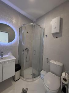 a bathroom with a shower and a toilet and a sink at Vengo Apartments in Kotor