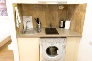 una cocina con lavadora y fregadero en Grand Central Accommodation - Smardan, en Bucarest 7 fotos más