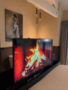 a tv with a fire screen in a room at Berg en Bos Suite met luxe jacuzzi in Apeldoorn