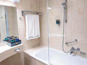 a bathroom with a shower with a tub and a sink at Ambassador Hotel Eupen in Eupen +12 photos