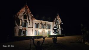 a person standing in front of a building at night at Chambre Henri II in Fleuriel +2 photos