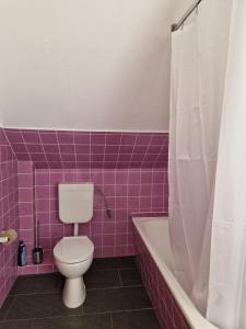 a purple bathroom with a toilet and a bath tub at Ruhige Ferienwohnung an der Vechte - Zweites Glûck in Nordhorn