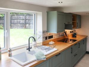 a kitchen with green cabinets and a sink and a window at Brynawel in Maenclochog