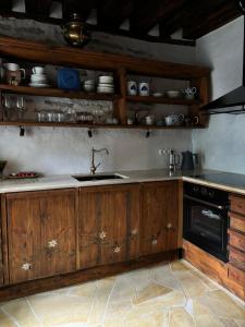 a kitchen with wooden cabinets and a sink at Old town gem in Tallinn